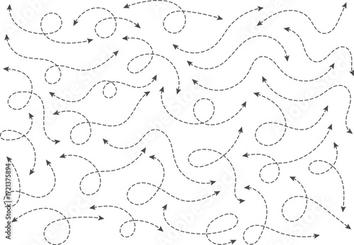 Dual sided Hand drawn curve dotted line arrow. Double side curved Dashed outline arrows set. two side Wavy dot line arrow collection. zigzag arrows