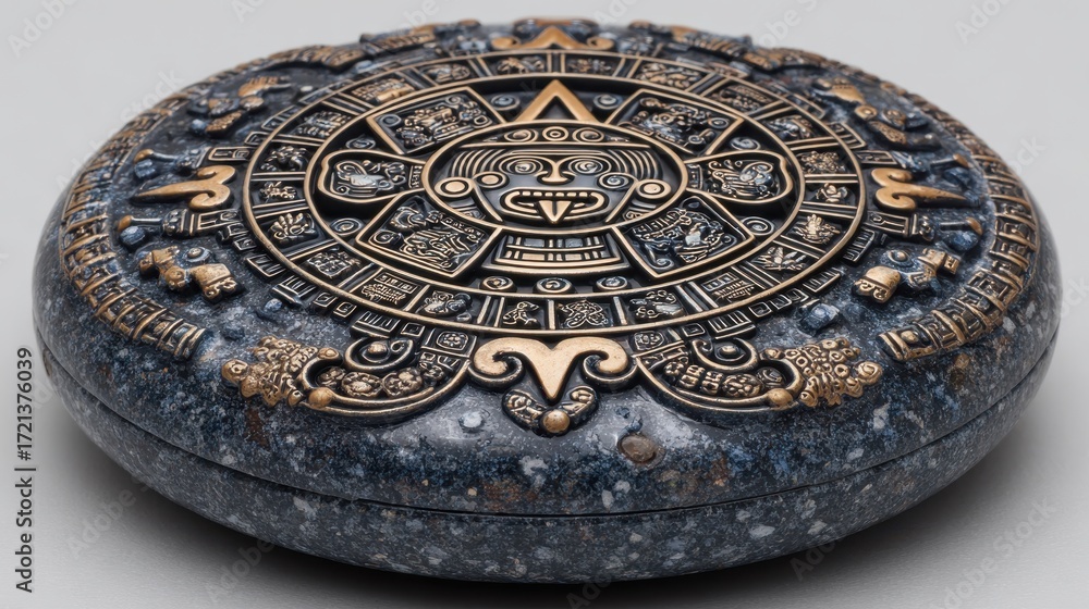 Fototapeta premium Close up view of a dark blue, round replica of an Aztec calendar. Intricate gold details and textures are visible.