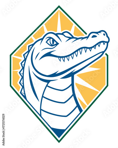 Blue alligator head profile with yellow sunburst and green border emblem crocodile reptile