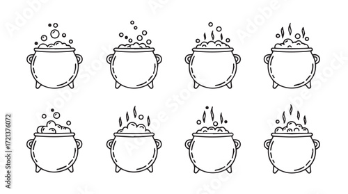 Set of hand drawn witch cauldrons bubbling with magic potion and swirling steam elements silhouette