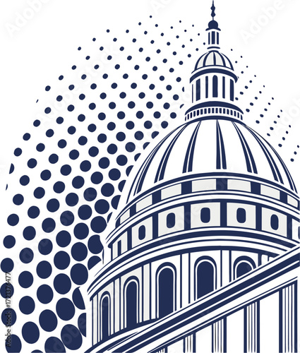 Dark blue and white graphic illustration of a domed building with a pattern of dots architecture