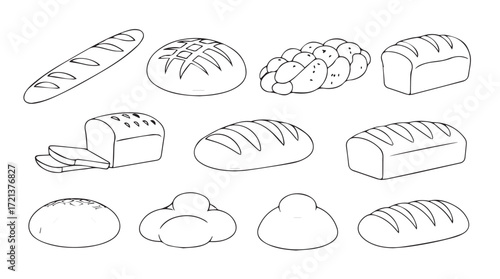Collection of artisan bread loaves and baguettes hand drawn sketch for bakery and food designs silhouette