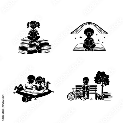 Four distinct black silhouette illustrations of children reading books in various imaginative settings isolated on transparent background