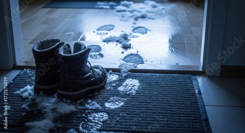 Winter Boots Left By The Door Tracked Snow Inside The House After A Snowy Day Outdoors