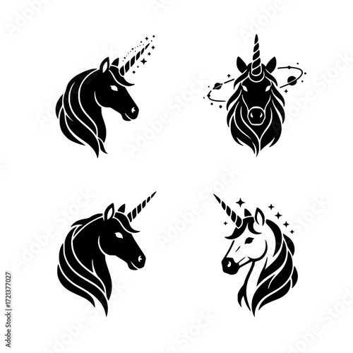 Collection of four stylized black unicorn head silhouettes with abstract mane details isolated on transparent background