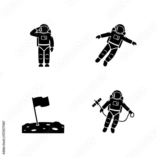 Four distinct silhouette icons of astronauts in space performing various actions isolated on transparent background