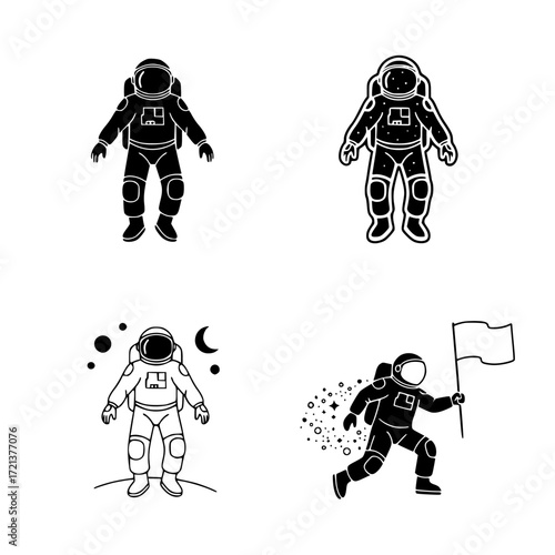 Four distinct silhouette icons of astronauts in space performing various actions isolated on transparent background