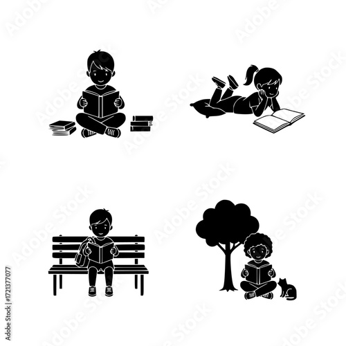 Four simple black silhouette illustrations of children reading books in various poses and settings isolated on transparent background silhouette