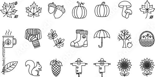 Vector set of autumn thin line icons.