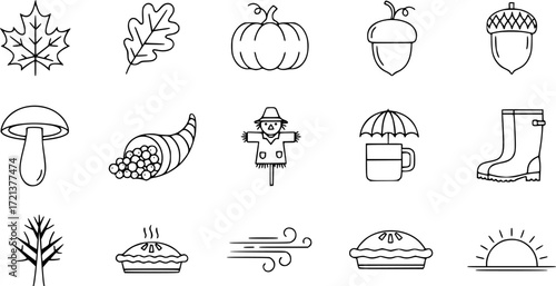 Vector set of autumn thin line icons.