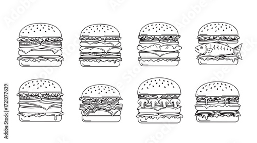 Collection of eight deliciously stacked gourmet hamburgers isolated on white studio background photography silhouette