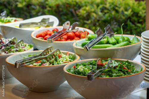 Mediterranean cuisine, olive oil, healthy and delicious  salad varieties with green vegetables.Vegetarian and vegan healty food, open buffet in a luxury hotel. Meze varieties, salad bar.