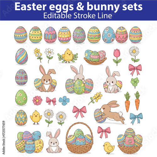 Easter Egg and Bunny Set – Cute Holiday Vector Illustrations of Rabbits, Painted Eggs, Baskets, Flowers, and Spring Celebration Elements
