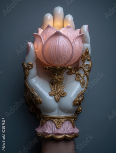 A decorative ceramic hand sculpture, holding a luminous pink lotus flower, with ornate gold accents, creates a captivating artistic focal point.