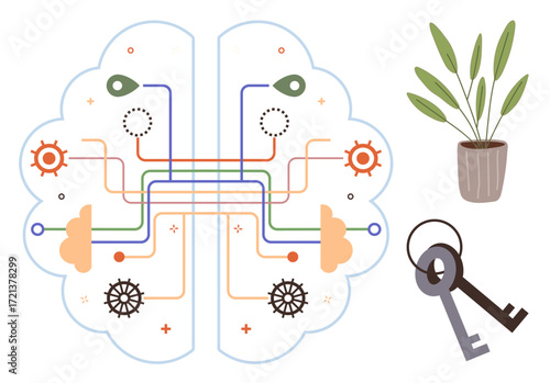 Stylized brain diagram with colorful pathways, gears, potted plant, and keys. Ideal for innovation, creativity, knowledge, growth solutions learning and cognition. A simple flat metaphor