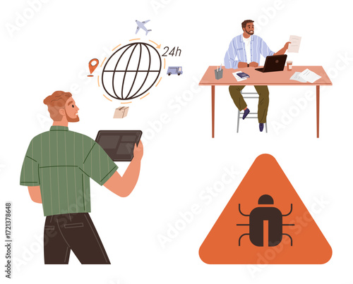 Programmer with a tablet analyzing global logistics and 24-hour operations. Table with laptop and system documentation. Warning icon for system bug. Ideal for coding, software, logistics, efficiency
