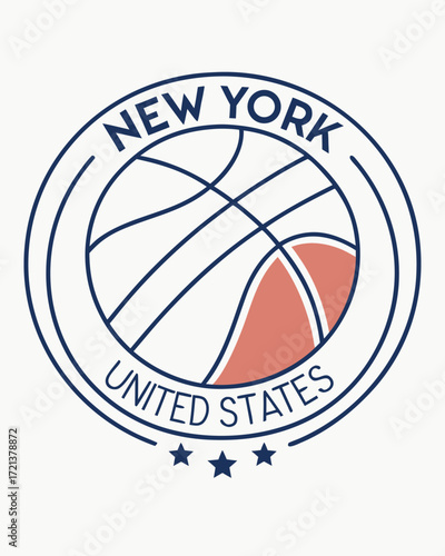 New York United States basketball emblem with navy blue lines and coral accents logo