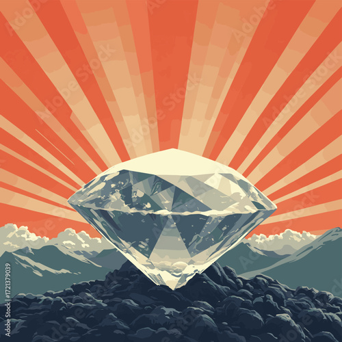Diamond Emerging From Volcanic Ash , vector style simple color