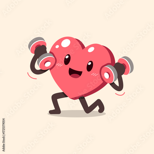 Cartoon heart character doing dumbbells weight training