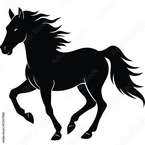 Silhouette of a black horse, running gracefully
