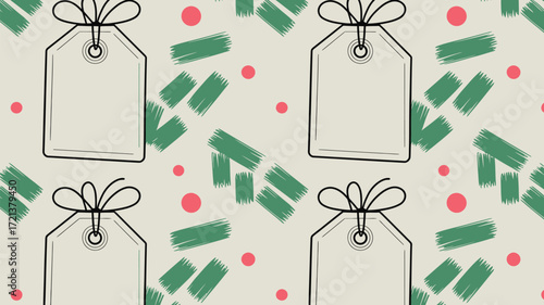 A seamless pattern featuring gift tags with bows, green brush strokes and pink dots on a beige background