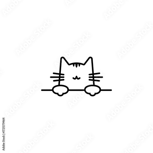 cute cat face icon. minimalist line art illustration of a kitten head with whiskers and paws resting on a surface. adorable pet outline design for animal lovers, decoration, sticker, logo
