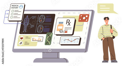 Computer screen displays medical records, charts, DNA graphics, and prescriptions. Patient stands by, engaging visually with healthcare data. Ideal for telemedicine, innovation, diagnostics patient