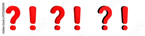 Vibrant red 3d question and exclamation marks symbolizing inquiry, emphasis, and punctuation.