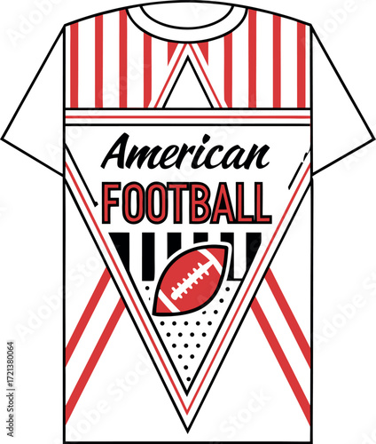 Red and white striped t-shirt graphic with American Football text and ball sport game