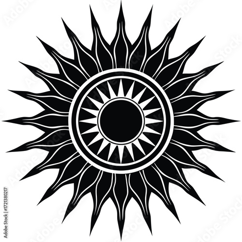 A sun symbol with sharp rays, a celestial body