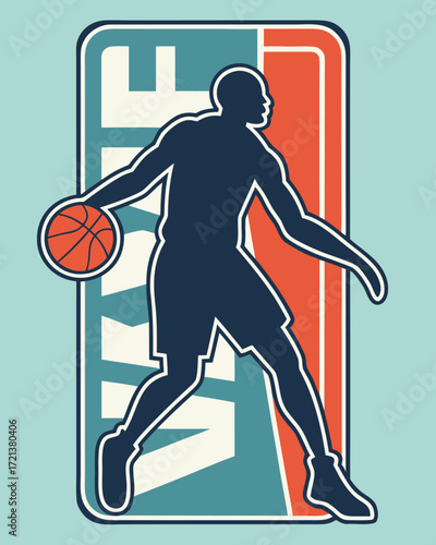 Silhouette of a basketball player dribbling a ball in a retro graphic style vector