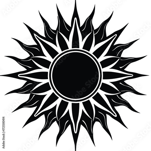 A sun symbol with sharp rays, a celestial body