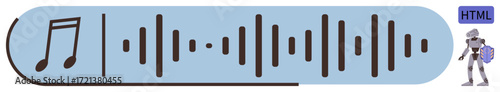 Music note and waveform represent sound robot and HTML icon hint at digital innovation. Ideal for music streaming, AI, coding, technology, creativity, innovation, programming. Simple flat metaphor