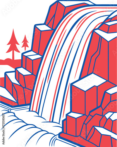Stylized red and blue waterfall cascading over rocky cliffs with pine trees cascade rocks