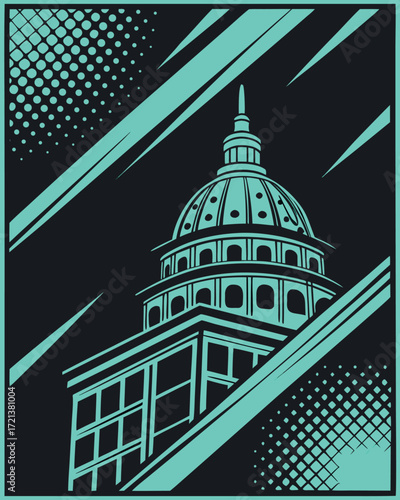 Teal and black graphic illustration of a domed building with abstract diagonal lines and halftone dots