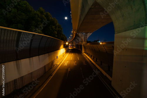 An empty street under the city overpass in Tokyo at night wide shot