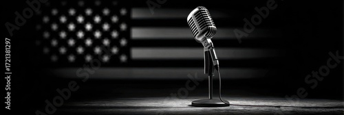 Vintage microphone stands in front of a faded American flag symbolizing freedom of expression and music culture