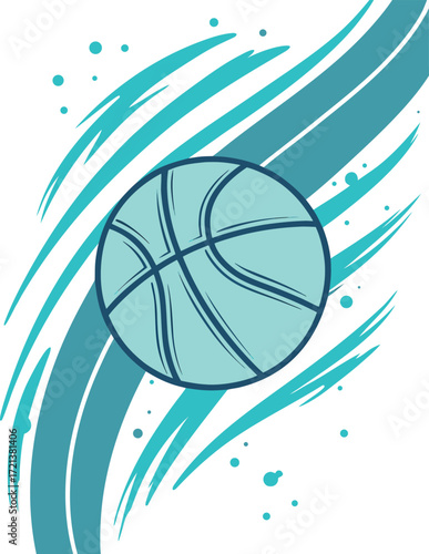 Teal basketball with abstract aqua blue swoosh lines and dots sport game