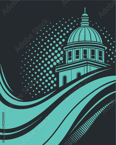 Teal dome building with abstract wave patterns and halftone dots on dark background architecture