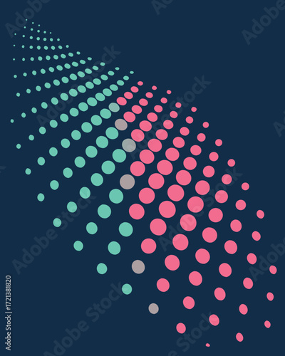 Teal pink and grey dots forming a diagonal wave pattern on dark blue background abstract