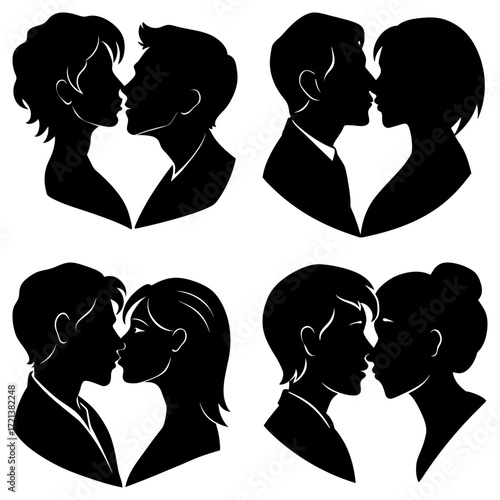Silhouette illustration of four couples kissing each other forming heart shapes in black and white color scheme