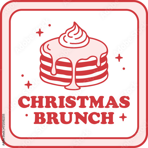 Christmas brunch logo label badge square sticker design for holiday breakfast girls party sweet food. Retro vintage homemade pancakes stack groovy 80s preppy girly pink and red xmas aesthetic clipart.