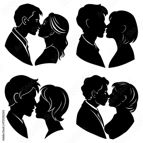 Silhouetted couples in various stages of kissing embracing and showing affection in a romantic style art