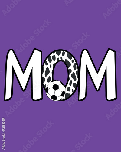 White M O M text with soccer ball and cow print O on purple background mother football