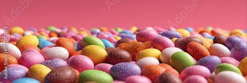Colorful assortment of candy-coated chocolate eggs spread across a vibrant pink background during Easter celebrations