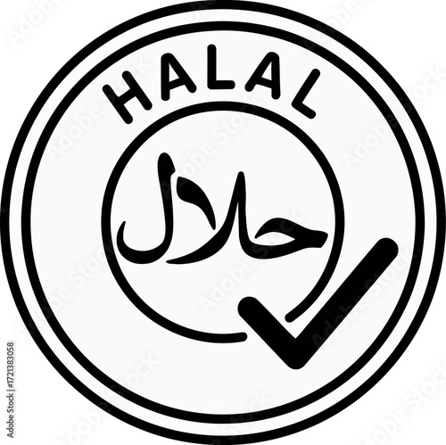 Black and white circular Halal certification symbol with Arabic script and checkmark islam food