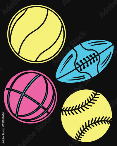 Yellow tennis ball pink basketball blue football yellow baseball on black background sports balls softball