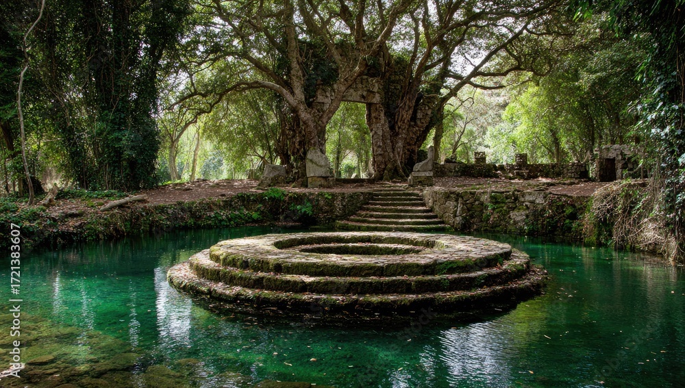 Fototapeta premium A serene, circular stone structure, nestled within a lush, green forest, reflects in the still waters of a pool.