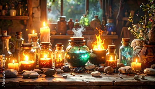 Fantasy altar decorated with glowing colorful bottles high resolution photo