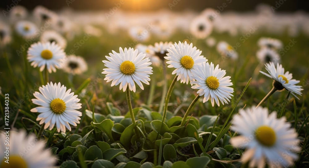 Fototapeta premium Field of daisies at sunset. Soft focus on clustered blooms